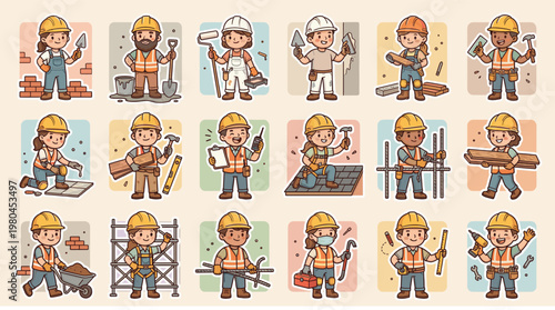 Construction workers characters set with builders engineers and repair staff using tools ladders and safety gear in cartoon style isolated on white background