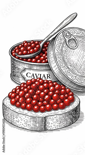 Hand-drawn delicacy: Rich red caviar piled high on toast, a vintage tin, evoking gourmet indulgence.