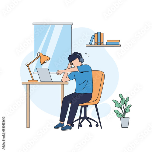 Flat vector illustration of a man sitting at a desk in a home office stretching his tired arm while working on a laptop with headphones, lamp, and bookshelf in background.