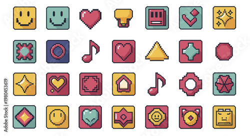 Collection of colorful pixel art icons with various shapes and symbols.