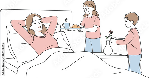 Loving children bring breakfast and a flower to their relaxed mother who is resting comfortably in her bed at home