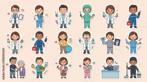 Medical professionals characters set with doctors nurses surgeons and healthcare staff in uniforms treating patients in friendly cartoon style isolated on white background