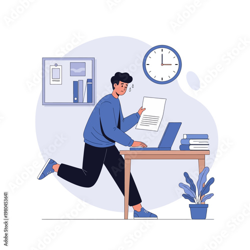 Vector illustration of a stressed young man rushing to his desk to submit a paper on a laptop, with a clock showing a fast-approaching deadline and visible sweat drops on his face.
