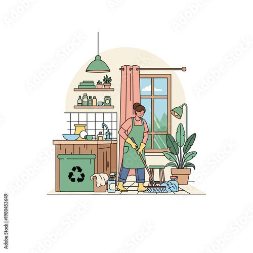 Vector illustration of a woman in an apron and gloves sweeping a kitchen floor with a broom near a green recycling bin, indoor potted plants, and shelves with glass storage jars.