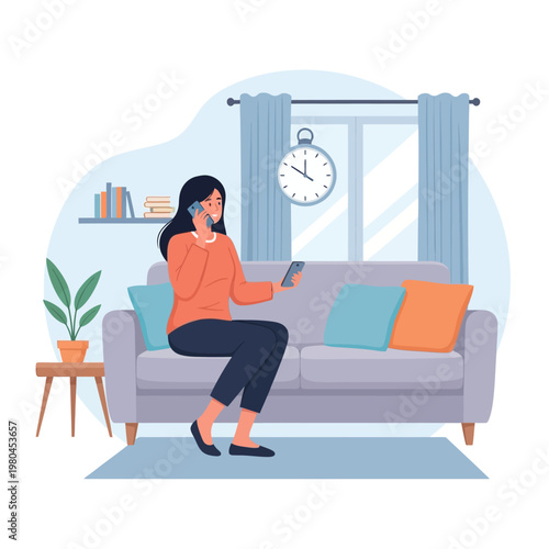Vector illustration of a woman sitting on a sofa in a living room, multitasking by using two smartphones simultaneously with a large wall clock representing time management.