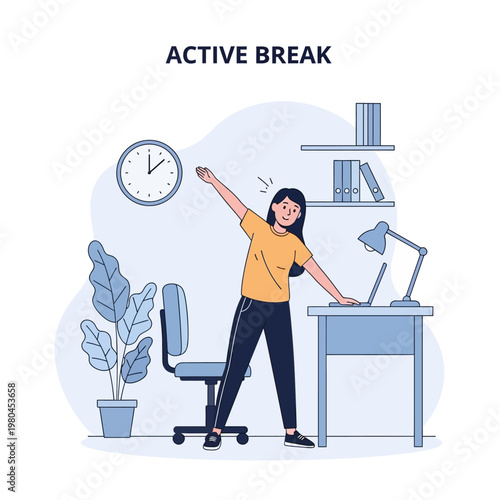Flat vector illustration of a young woman doing stretching exercises during an active break in her home office, standing beside a desk with a laptop, chair, wall clock, and indoor plant.