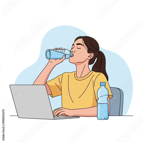 Vector illustration of a young woman with a ponytail wearing a yellow shirt drinking from a water bottle while working at a laptop on a desk, promoting hydration and healthy habits.