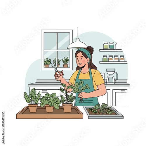Flat vector illustration of a young woman in a green apron and headband harvesting fresh herbs with scissors from potted plants on a kitchen counter near a window with shelves.