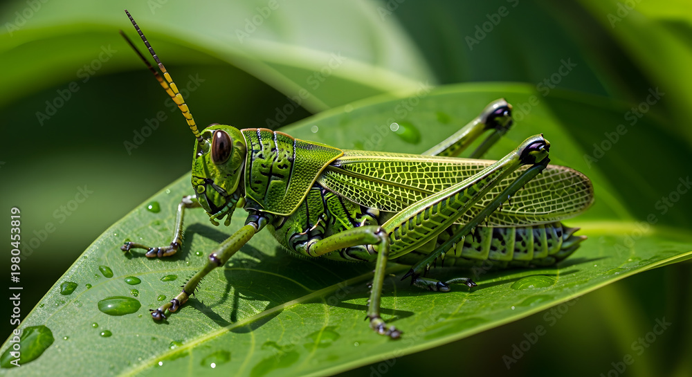 Fototapeta premium Green Grasshopper on Tropical Leaf Vibrant Nature Macro Photography