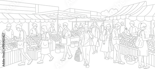 People shopping for fresh organic produce at a busy outdoor farmers market filled with various stalls and many customers