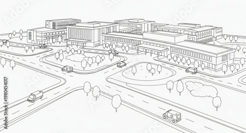 Architectural sketch of a modern building complex with surrounding roads and trees.