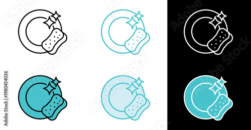 Plate with sponge and sparkle icon for dishwashing and kitchen hygiene in line and fill style