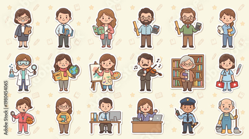 Professional occupation characters set showing men and women in business healthcare education law service and creative jobs in friendly cartoon style