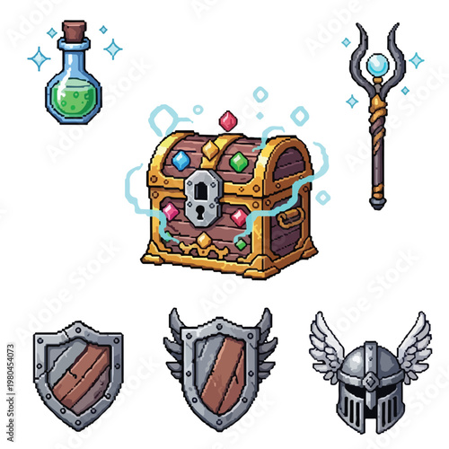 A collection of pixel art assets featuring a magic potion, treasure chest, wizard staff, two shields, and a winged warrior helmet for game design.