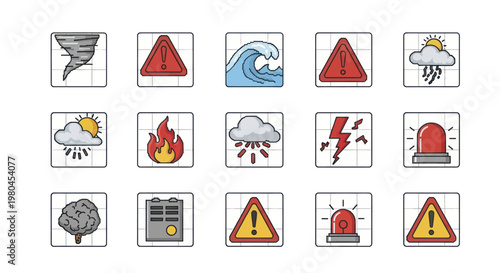 Collection of disaster and warning icons representing natural and man-made emergencies.
