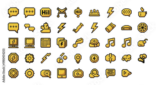Collection of diverse yellow and black outlined icons for digital communication and media.