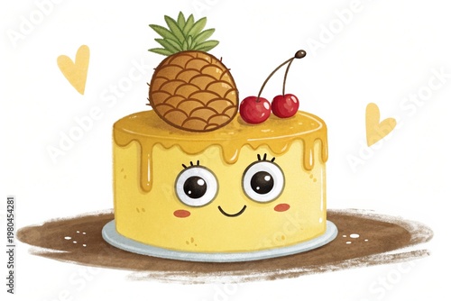 Delicious yellow cake with adorable cartoon eyes and a wide smiling face topped with a small pineapple and two bright red cherries showing a cheerful personality that makes this dessert look absolutel
