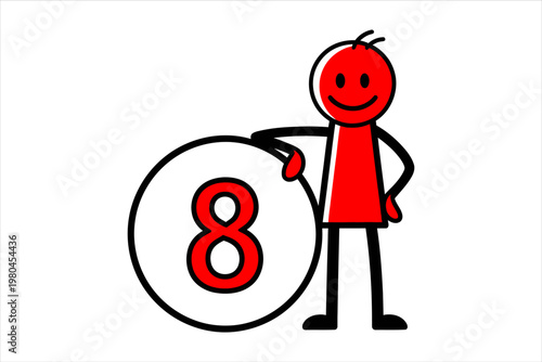 Friendly stick figure character proudly presents the number eight, symbolizing counting and numerical representation