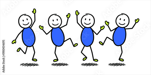 Four cheerful stick figures dancing and jumping with joy on a white background
