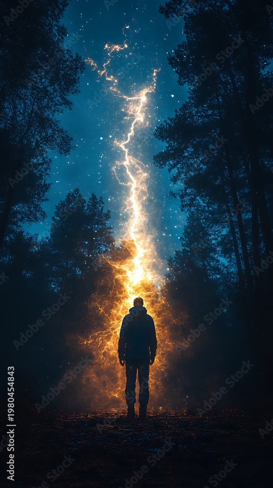 Fototapeta premium A solitary figure gazes upwards at ethereal light streaking through forest canopy