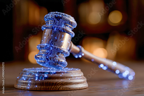Digital Justice, Tech Judge Gavel and Block with Glowing AI Circuitry on Lawyer Office Desk