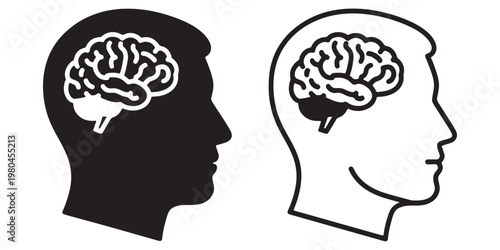 Two human head silhouettes with visible brains inside skulls facing right side profile