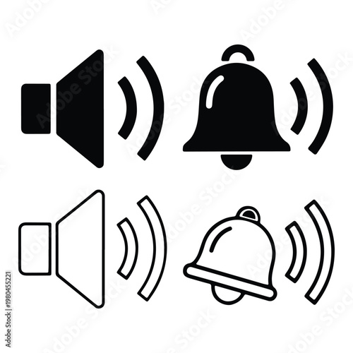 Sound notification icons with speaker and bell symbols for alerts and announcements online