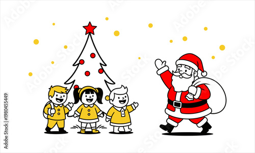 Santa Claus Waving Hello to Happy Children by a Decorated Christmas Tree