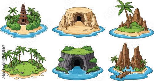 Cartoon Tropical Island Vector Set with Caves, Palm Trees, Rocks, Temple and Wooden Pier for Game Assets, Adventure Map and Fantasy Landscape Design
