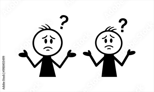 Pair of confused stick figures illustrating a dilemma and uncertainty, pondering difficult choices
