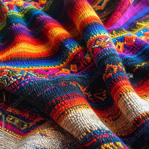 Vibrant Handwoven Textile with Intricate Patterns and Rich Colors.