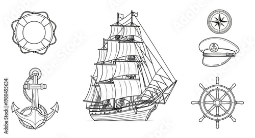 Nautical elements including a tall ship anchor lifebuoy and compass.