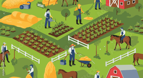 Isometric farm scene with farmers and crops farming