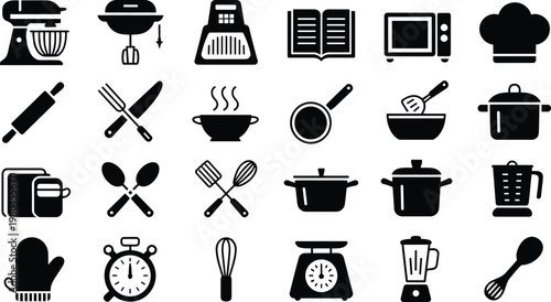 Kitchen cooking appliance and utensil icons set with mixer grill pot blender whisk scale and tools black silhouette vector illustration