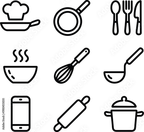 Kitchen cooking icons set with chef hat pan utensils pot whisk smartphone and tools line vector illustration for culinary applications