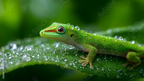 Vibrant Green Lizard on Leaf with Water Droplets