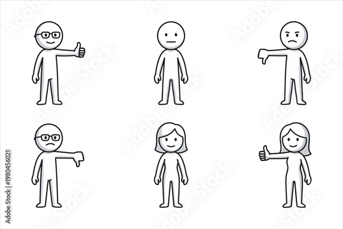 Diverse Humanoid Stick Figure Characters Expressing Approval, Disapproval, and Neutrality Concepts