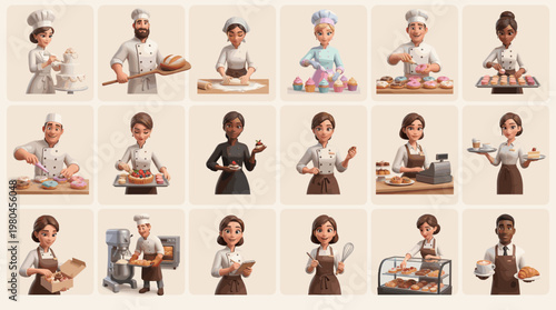 Baker and pastry chef collection with people making cakes bread cookies and desserts in bakery scenes in flat vector style