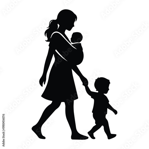 Mom with Two Babies Shape Icon Silhouette Vector black design on a white background