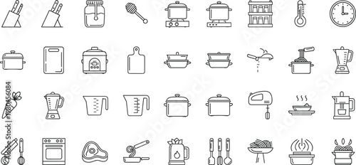 Kitchen cooking outline icon set featuring cookware utensils appliances food preparation tools and culinary equipment symbols