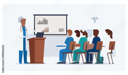 Medical training conference doctor teaching nurses interns vector set