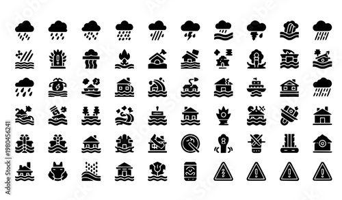 Flood disaster glyph icon set with storm rain surge evacuation and emergency rescue symbols vector