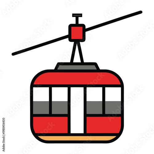 Aerial tramway system vector with hanging cable cabins over valley and river nature scenery