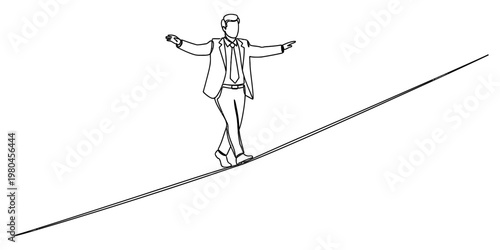 A businessman in a suit walks carefully on a thin rope to illustrate the concept of risk balance