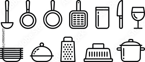 Kitchen cookware and utensils icons set with pans grater pot knife glass and serving dish line vector illustration collection