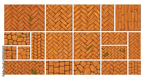 Floor Texture Vector Collection Top View Herringbone Wood Stone Cartoon Style Pattern Design Set