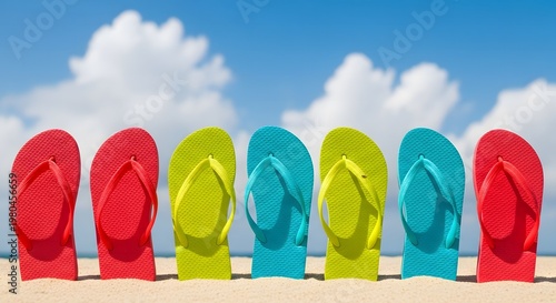 Happy summer day colorful flip flops on a sandy beach under a blue sky