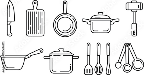 Kitchen utensils cookware set line icon collection with knife cutting board pan pot ladle and tools vector illustration