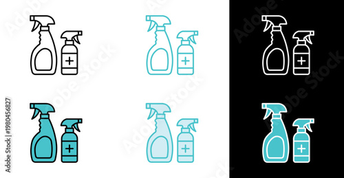 Spray bottle and sanitizer bottle icon for household cleaning and disinfection in line and fill style