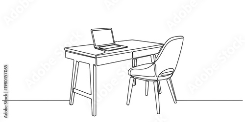 A minimalist black and white line drawing illustration of a modern wooden home office workstation